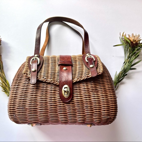 Vintage Handbags - 1960s/ Mid Century Wicker Top Handle Handbag British Crown Colony